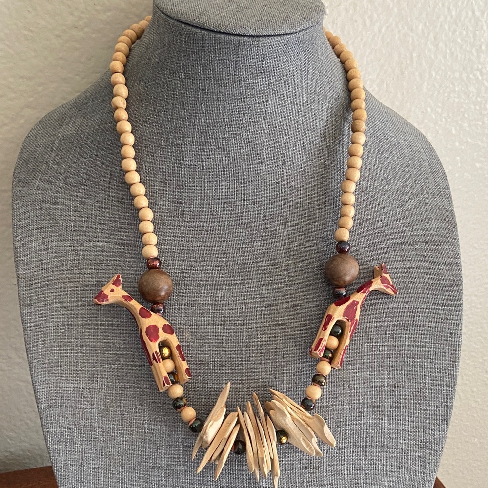 Vintage 80s Carved Wood Giraffe Necklace